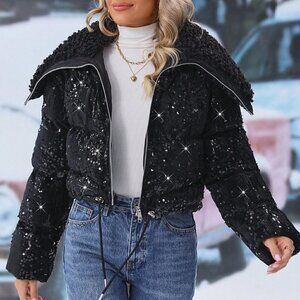 Black Preppy Drawstring Hem Drawstring Hem Zipper Hooded Sequin Puffer Coat